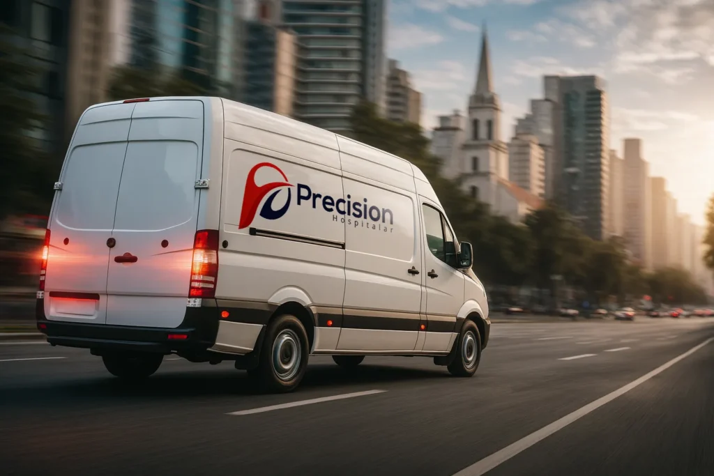 Veículo branco com plotagem com o logotipo Precision Hospitalar