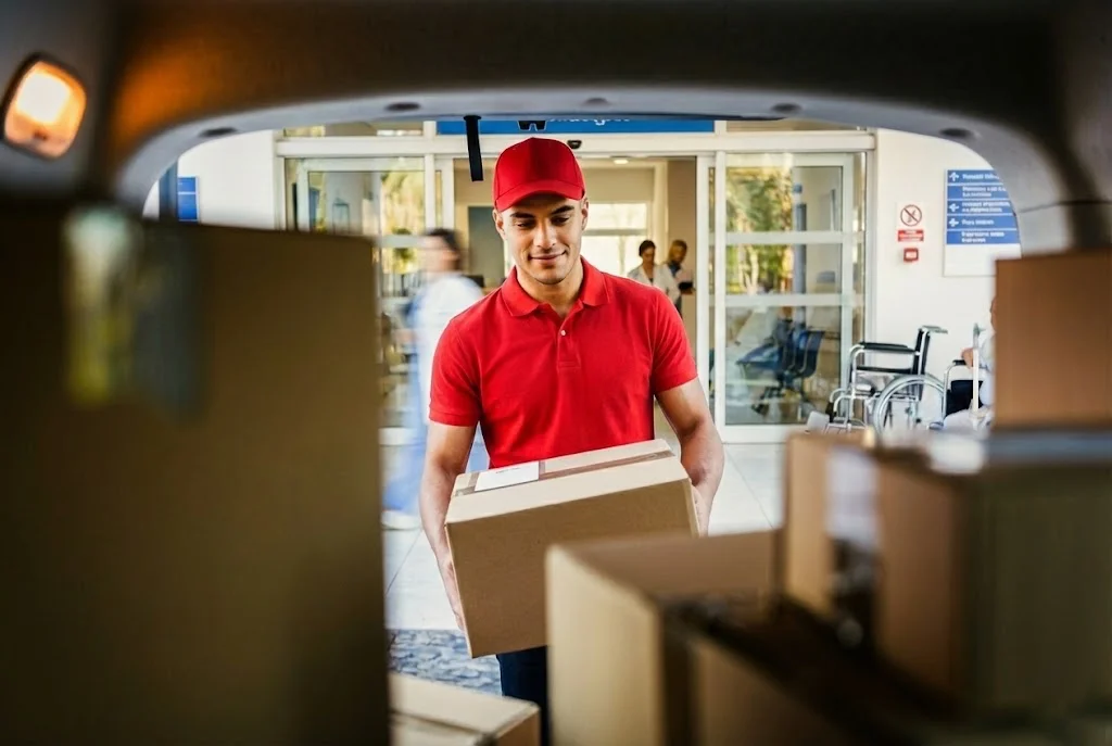 Imagem ilustrando um homem de uniforme vermelho segurando uma caixa de papelão, visto do fundo de um veículo com outras caixas, logo em frente a um hospital
