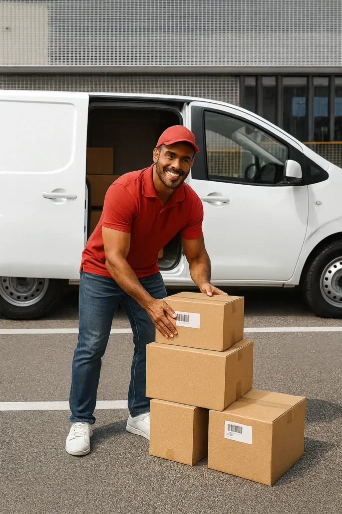 Homem com uniforme vermelho em frente a um veículo branco, junto a quatro caixas de papelão