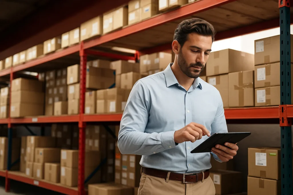 homem segurando um tablet em um estoque com várias caixas