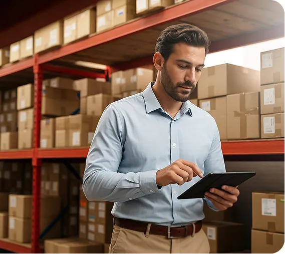 homem segurando um tablet em um estoque com várias caixas