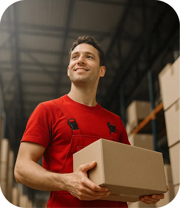 Homem de uniforme vermelho olhando para o lado, em um estoque, enquanto segura uma caixa na mão